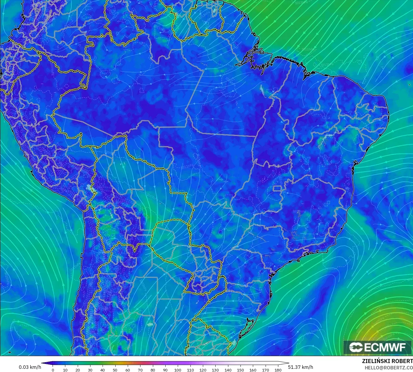 ECMWF IFS 0,25° modelo - Brasil, Vento a 10 m