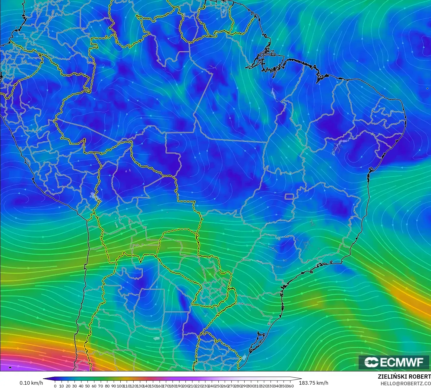ECMWF IFS 0,25° modelo - Brasil, Vento a 300 hPa (corrente em jato)