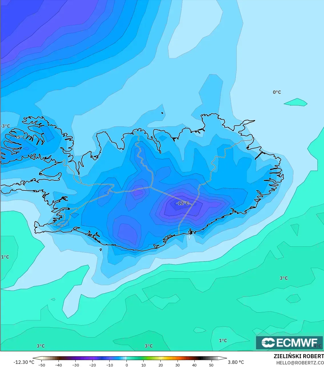 ECMWF IFS 0,25° modelo - Islândia, Ponto de orvalho a 2 m