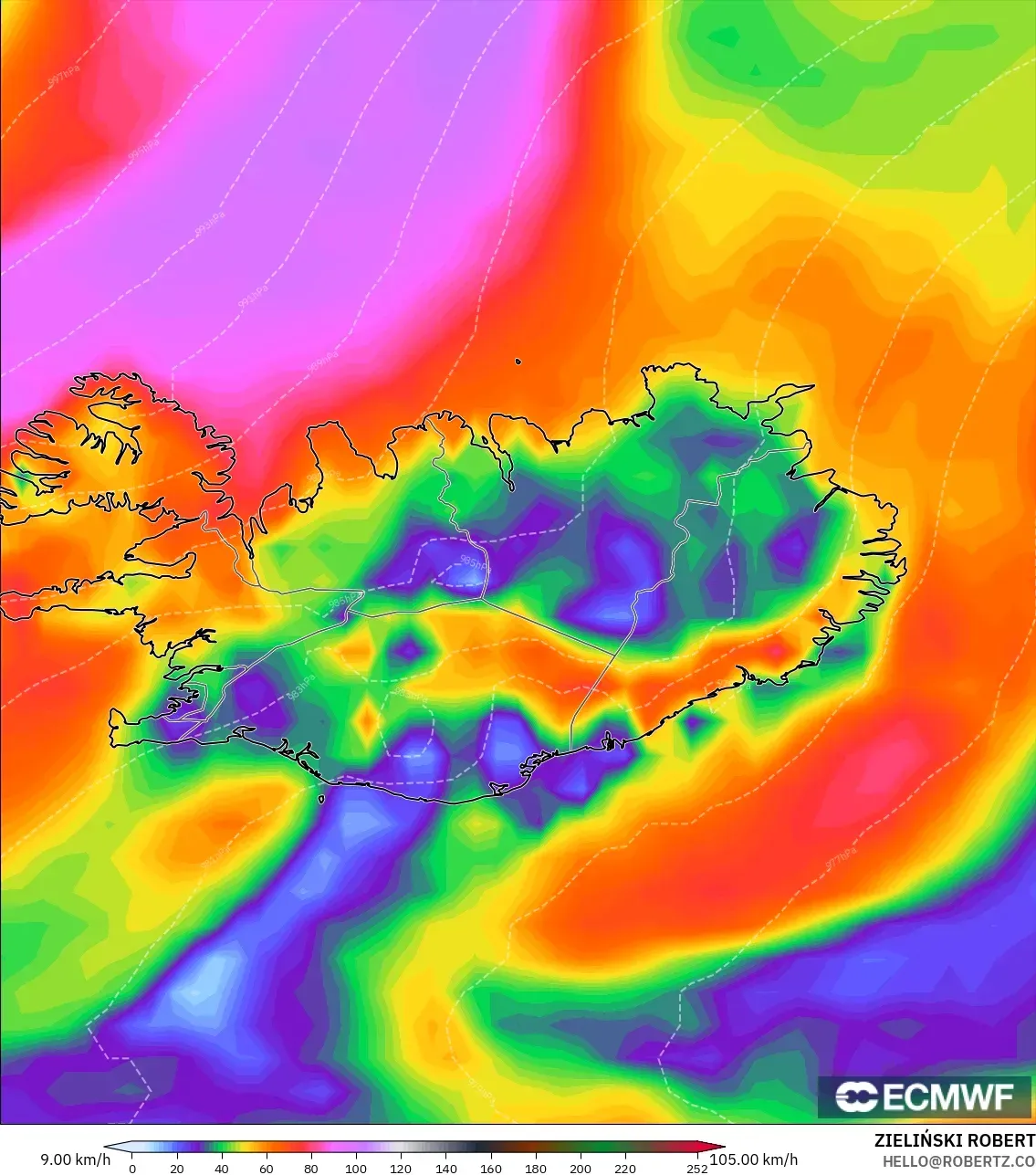 ECMWF IFS 0,25° modelo - Islândia, Rajadas de vento