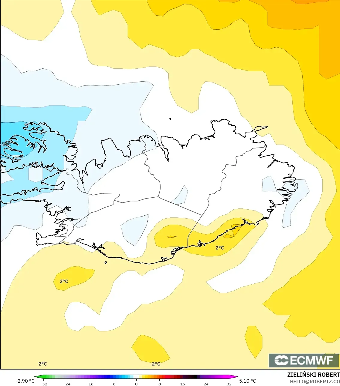 ECMWF IFS 0,25° modelo - Islândia, Anomalia de temperatura a 850 hPa
