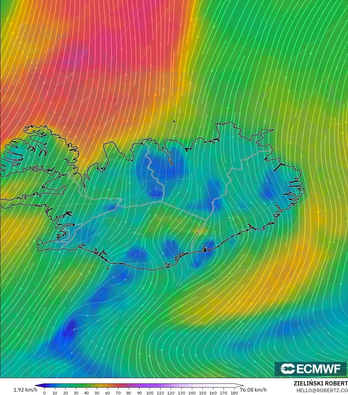 ECMWF IFS 0,25° modelo - Islândia, Vento a 10 m