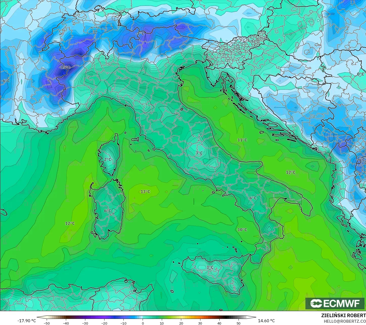 ECMWF IFS 0,25° modelo - Itália, Ponto de orvalho a 2 m