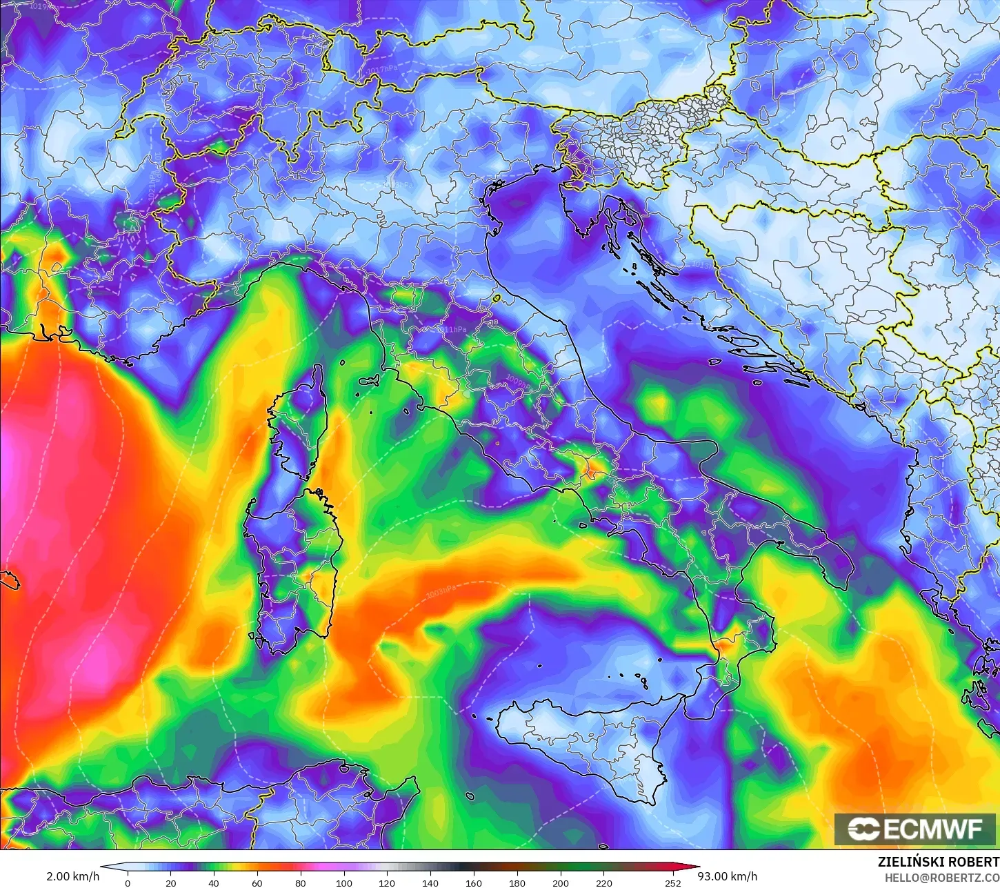 ECMWF IFS 0,25° modelo - Itália, Rajadas de vento