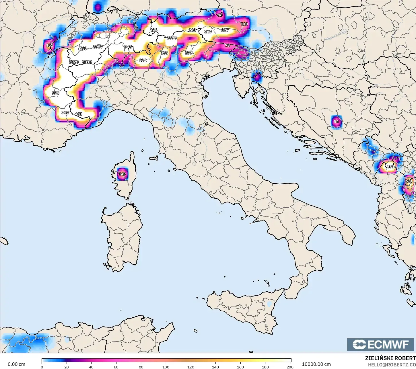 ECMWF IFS 0,25° modelo - Itália, Profundidade da neve