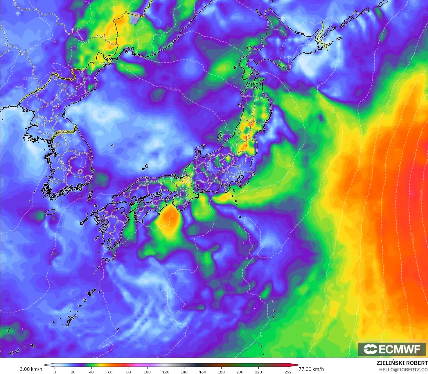 ECMWF IFS 0,25° modelo - Japão, Rajadas de Vento Máximas