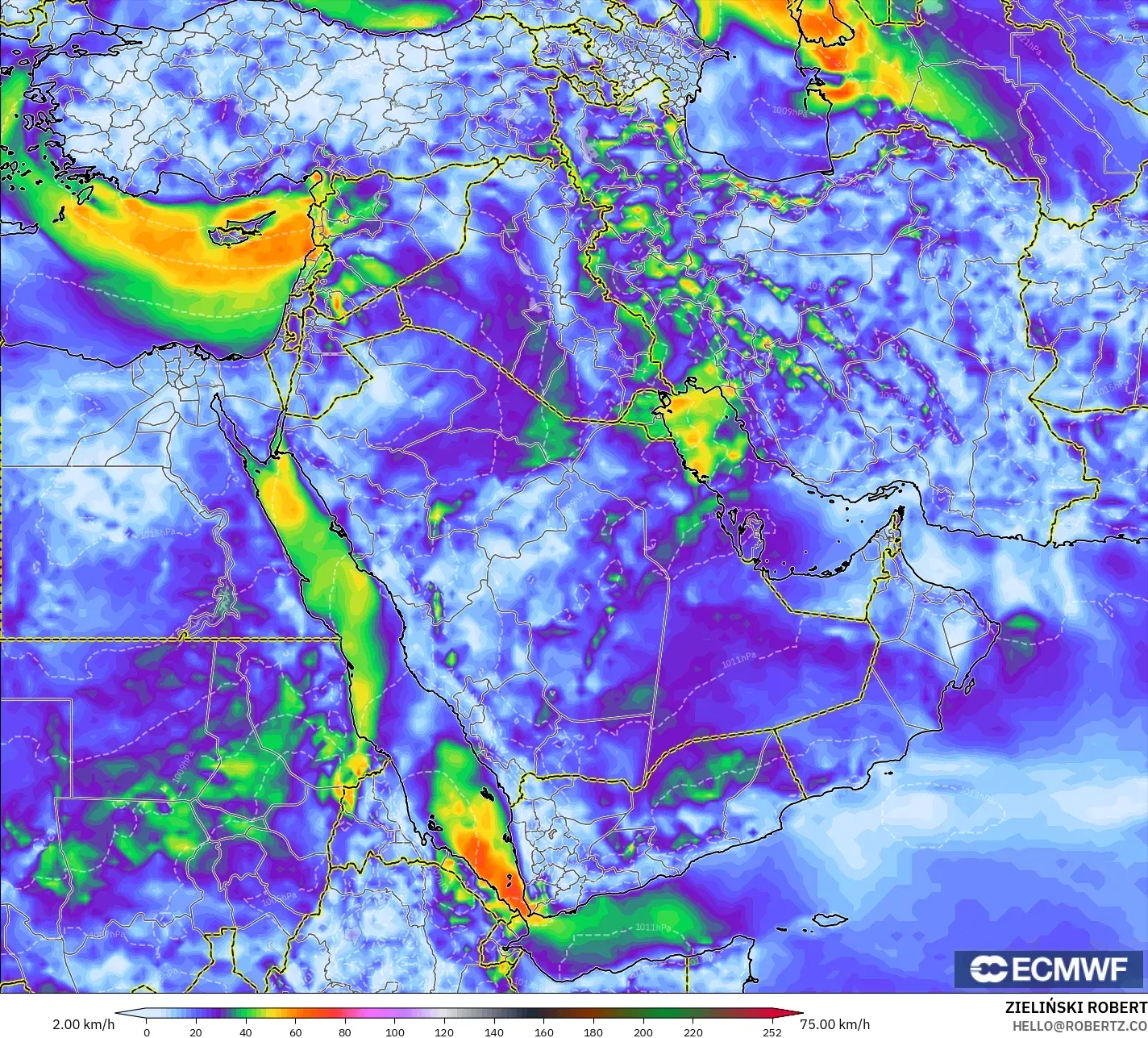 ECMWF IFS 0,25° modelo - Oriente Médio, Rajadas de Vento Máximas