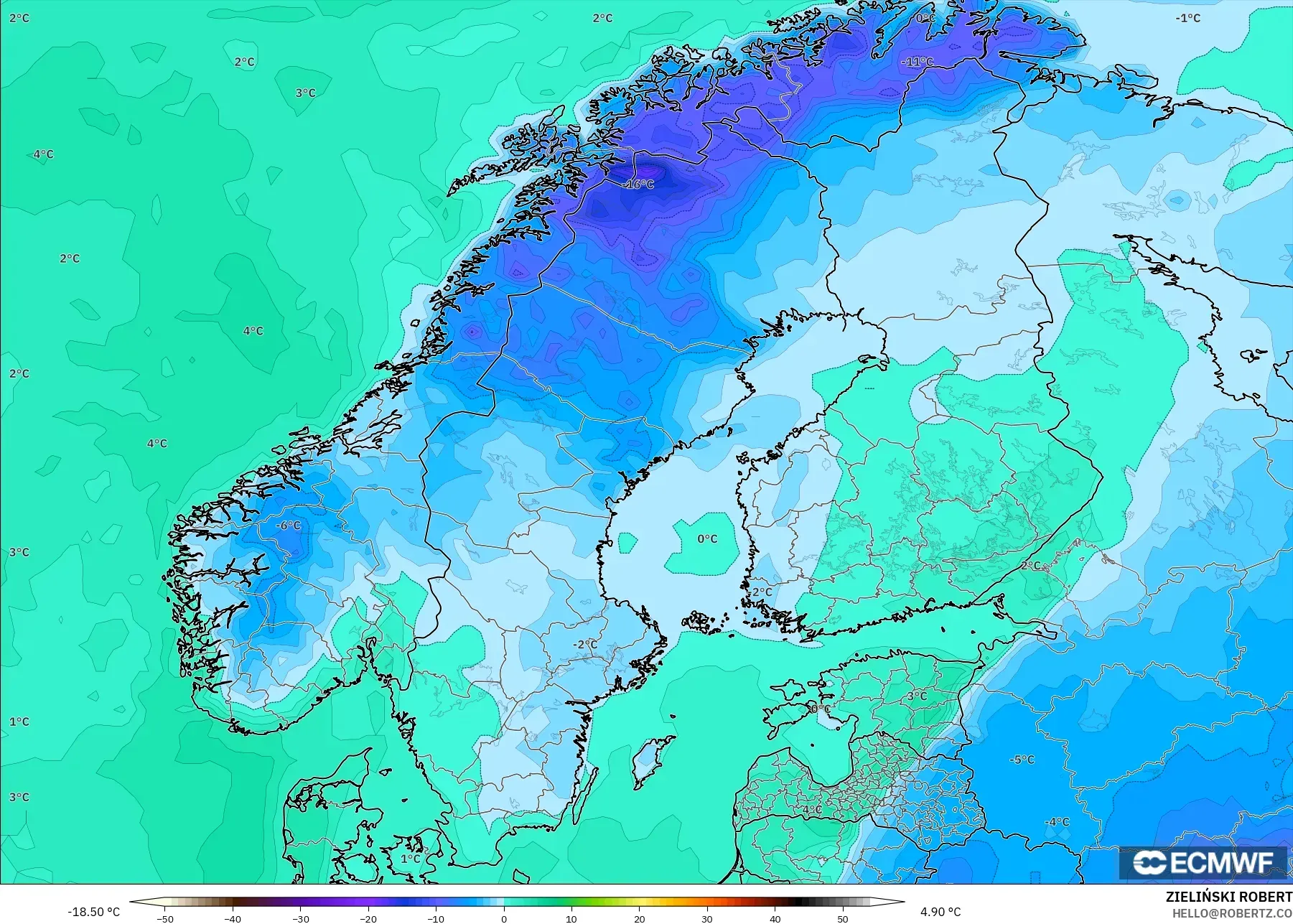 ECMWF IFS 0,25° modelo - Escandinávia, Ponto de orvalho a 2 m