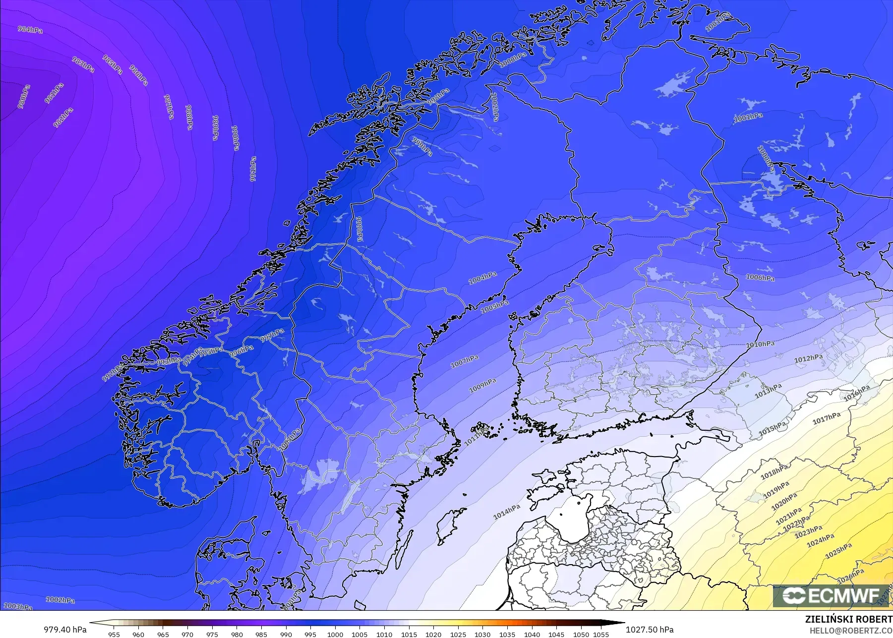 ECMWF IFS 0,25° modelo - Escandinávia, Pressão