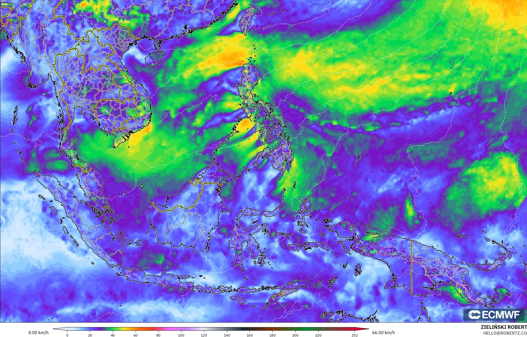ECMWF IFS 0,25° modelo - Sudeste Asiático, Rajadas de Vento Máximas