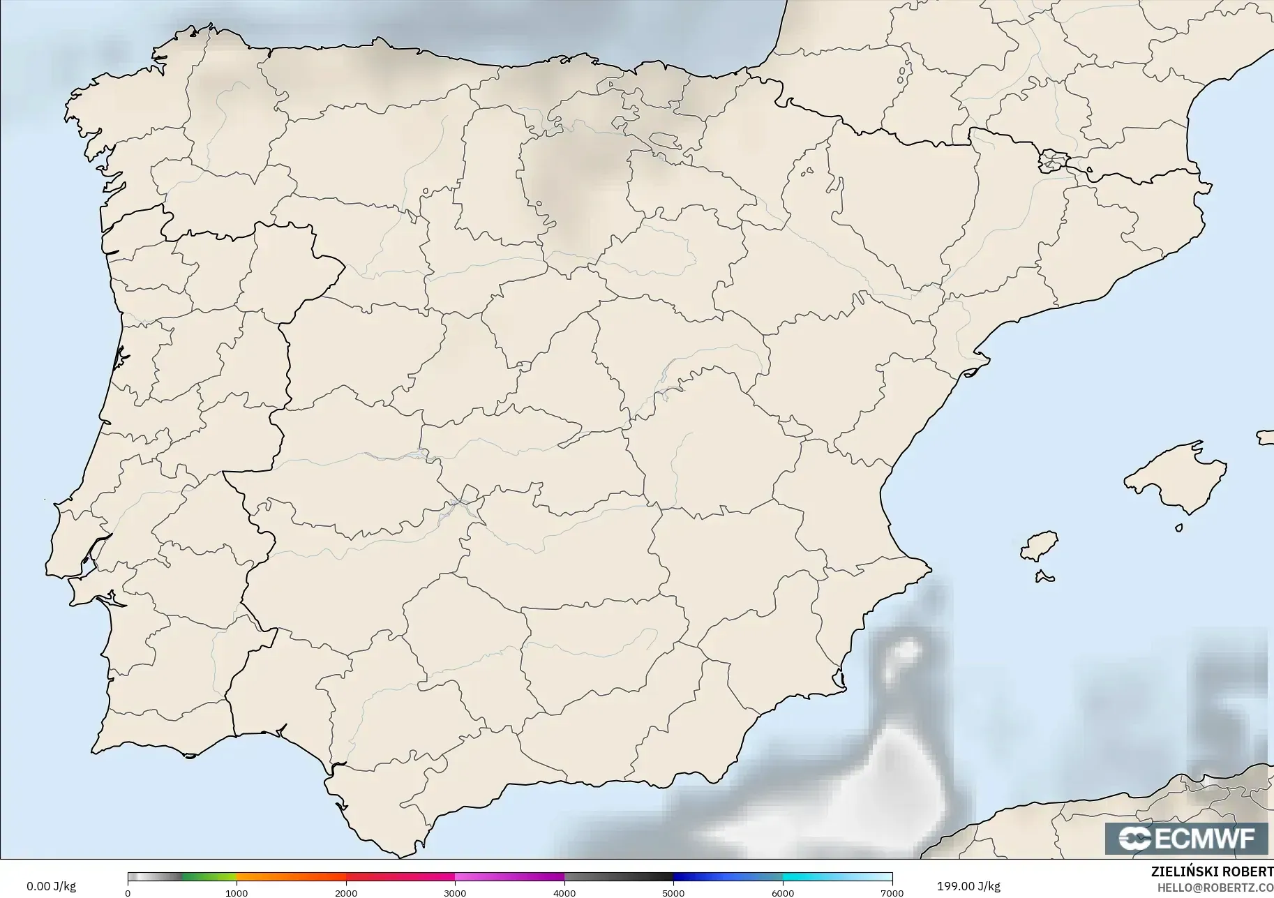 ECMWF IFS 0,25° modelo - Espanha, CAPE