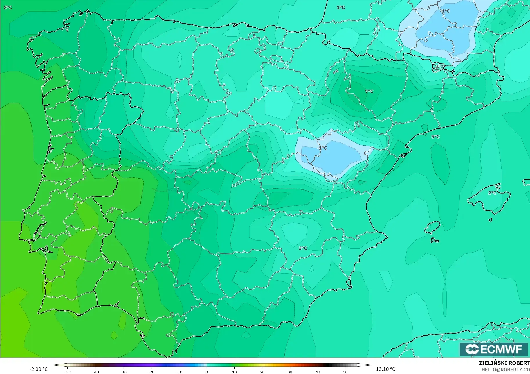 ECMWF IFS 0,25° modelo - Espanha, Temperatura a 850 hPa