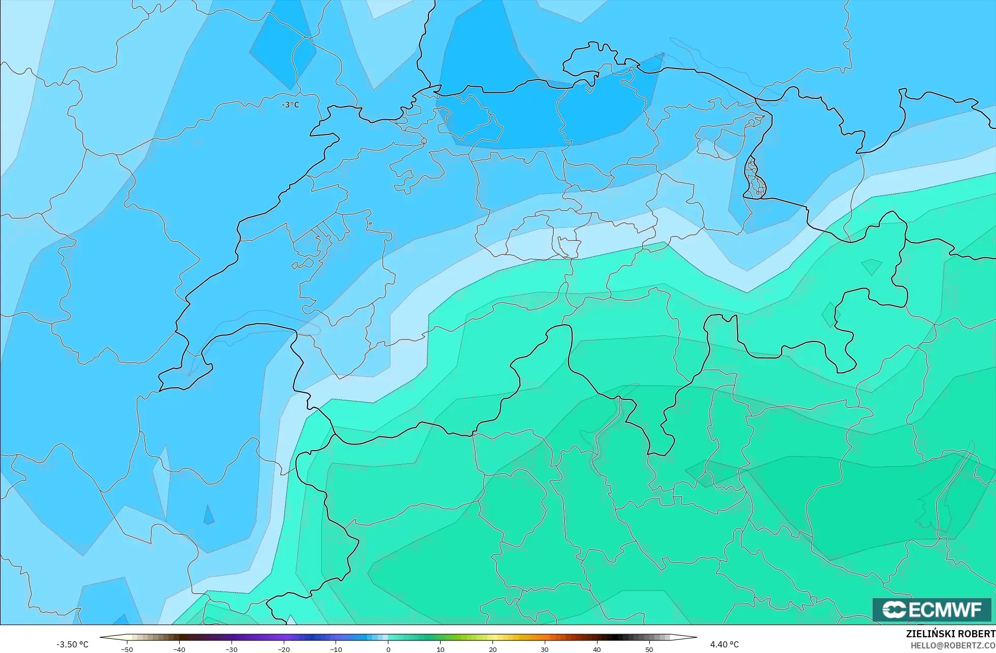 ECMWF IFS 0,25° modelo - Suíça, Temperatura a 850 hPa