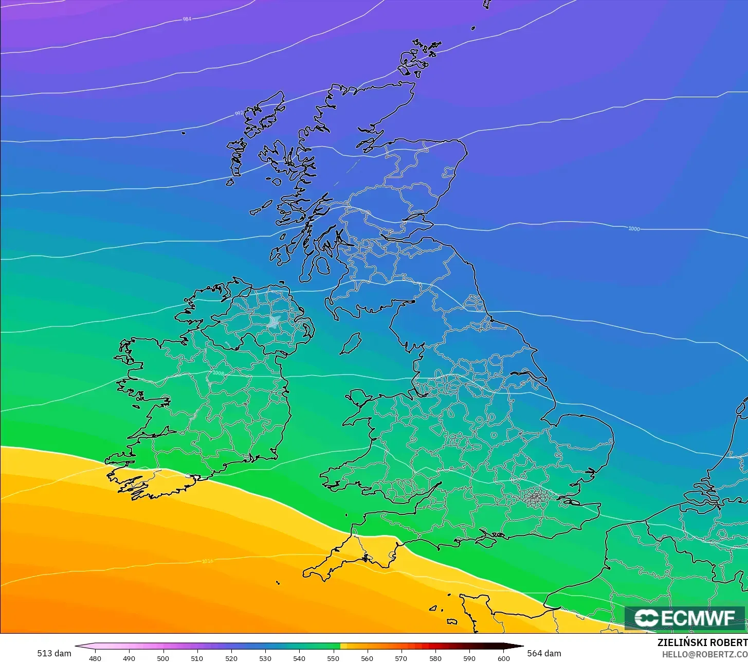 ECMWF IFS 0,25° modelo - Reino Unido, Altura geopotencial a 500 hPa
