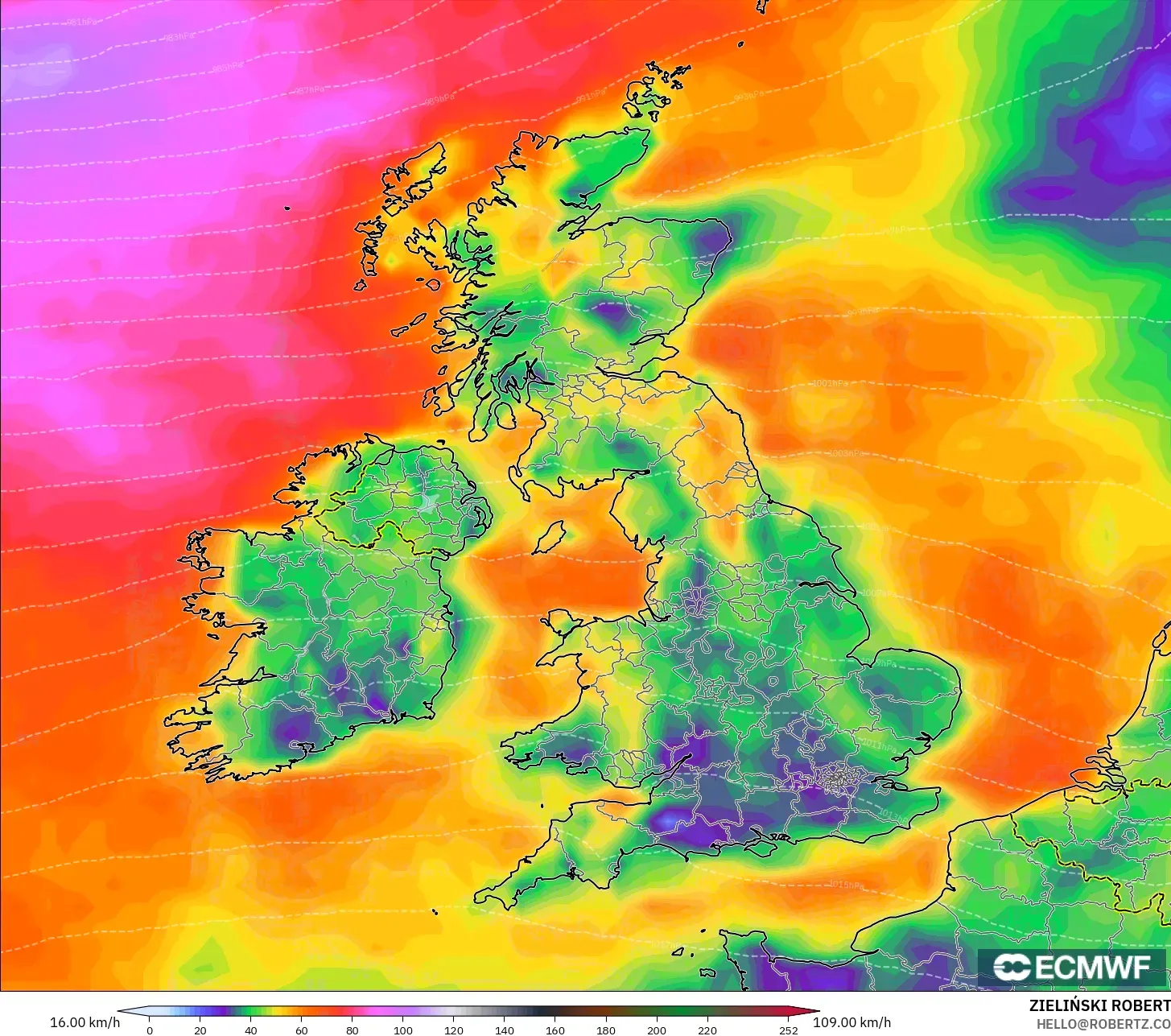ECMWF IFS 0,25° modelo - Reino Unido, Rajadas de vento