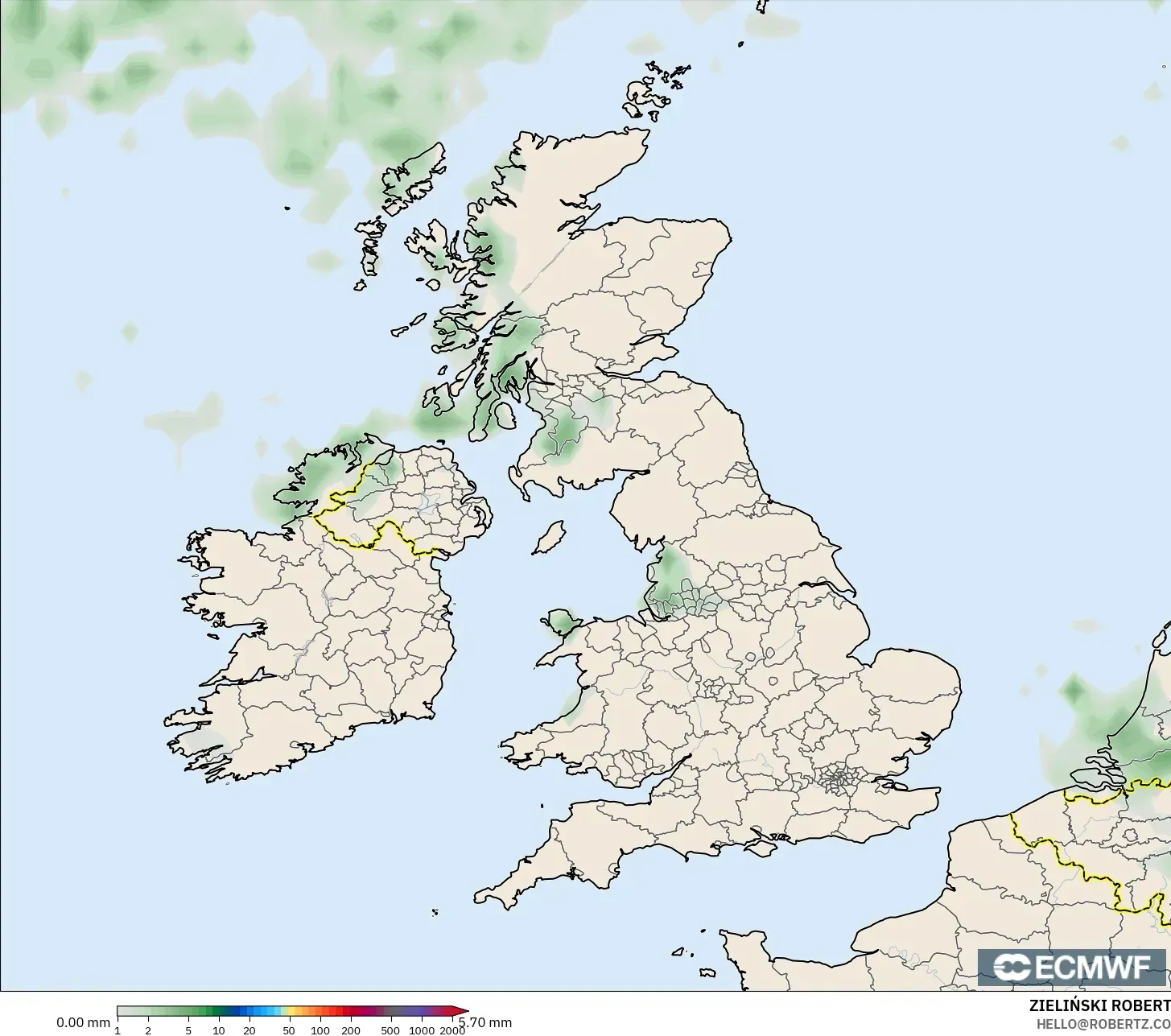 ECMWF IFS 0,25° modelo - Reino Unido, Acúmulo de precipitação
