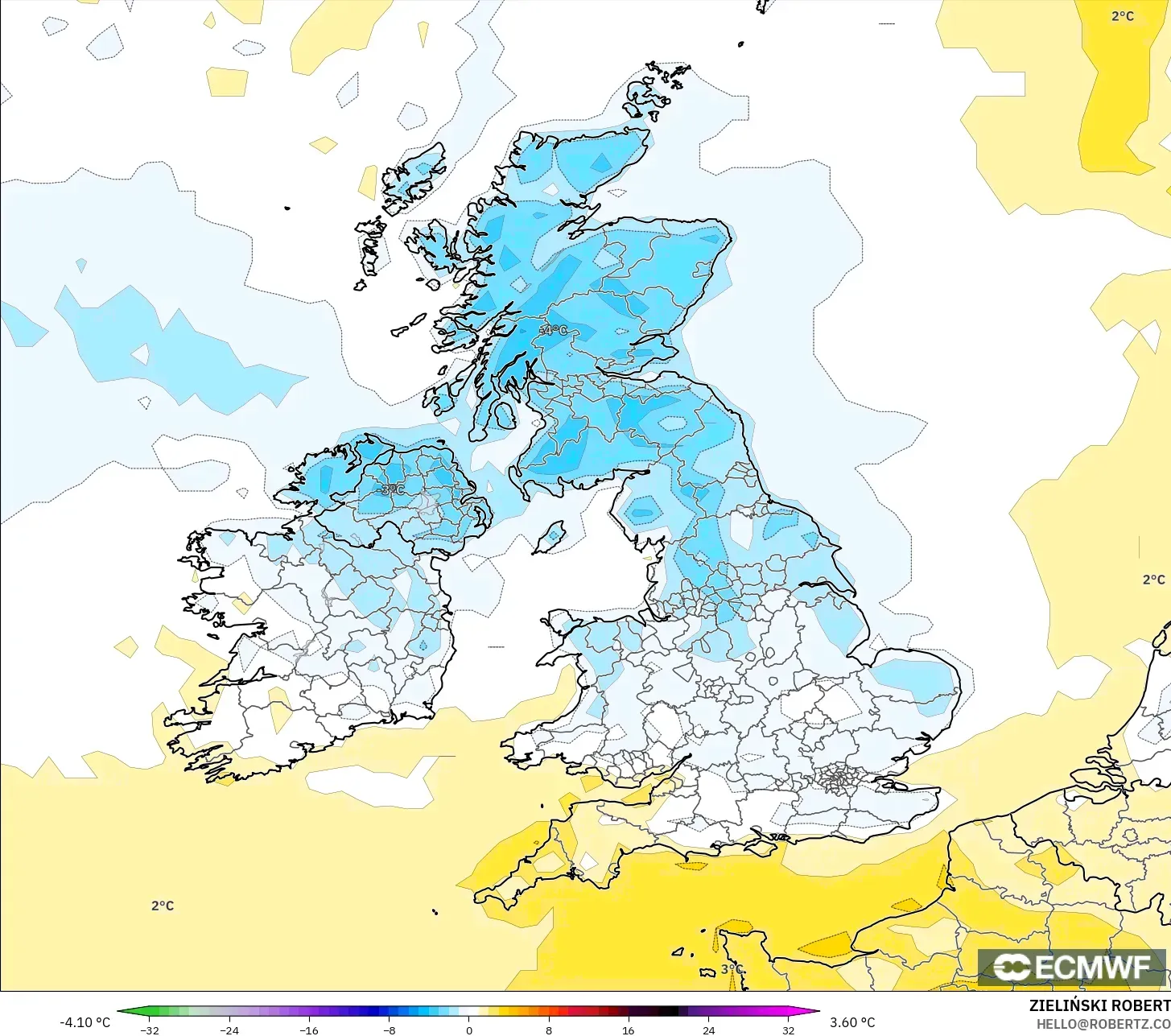 ECMWF IFS 0,25° modelo - Reino Unido, Anomalia de temperatura a 2 m