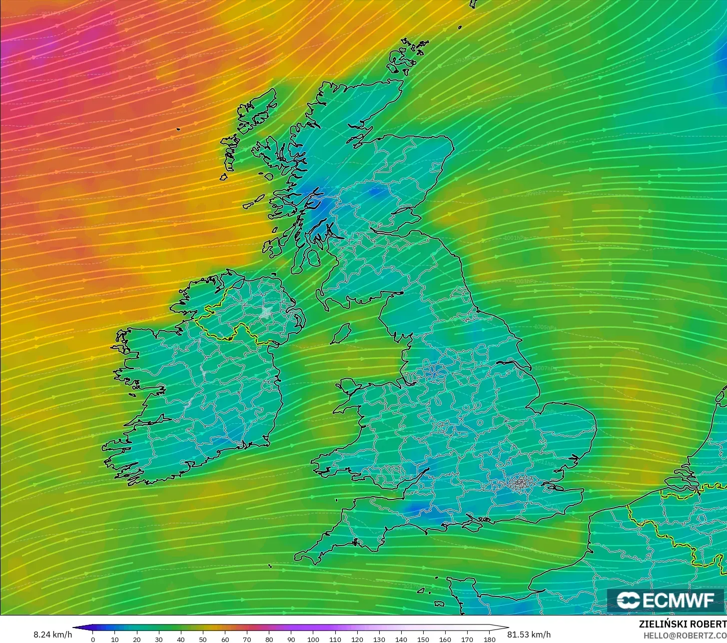 ECMWF IFS 0,25° modelo - Reino Unido, Vento a 10 m