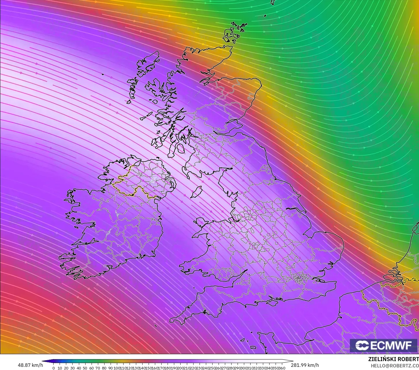 ECMWF IFS 0,25° modelo - Reino Unido, Vento a 300 hPa (corrente em jato)