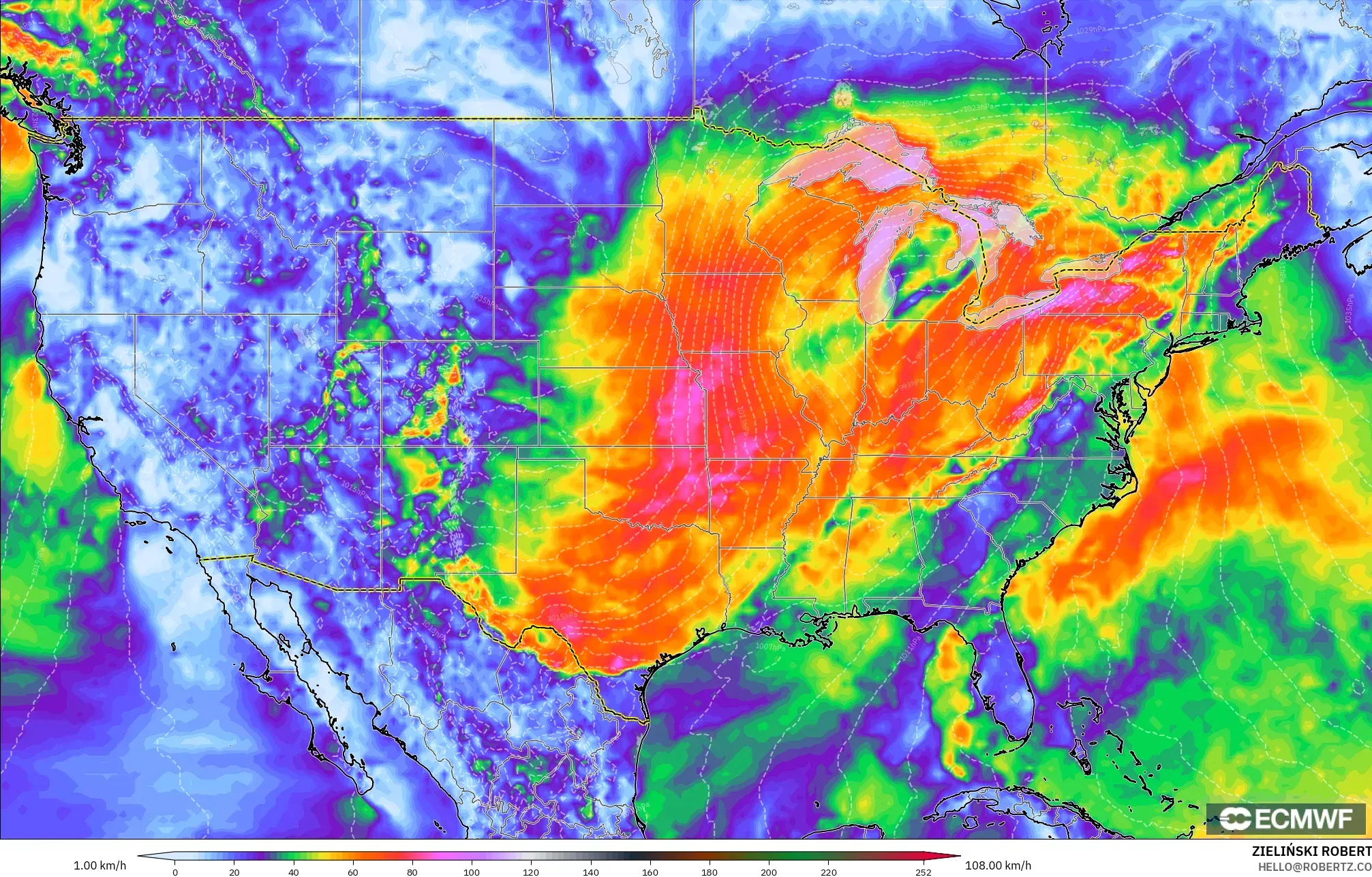 ECMWF IFS 0,25° modelo - Estados Unidos, Rajadas de Vento Máximas