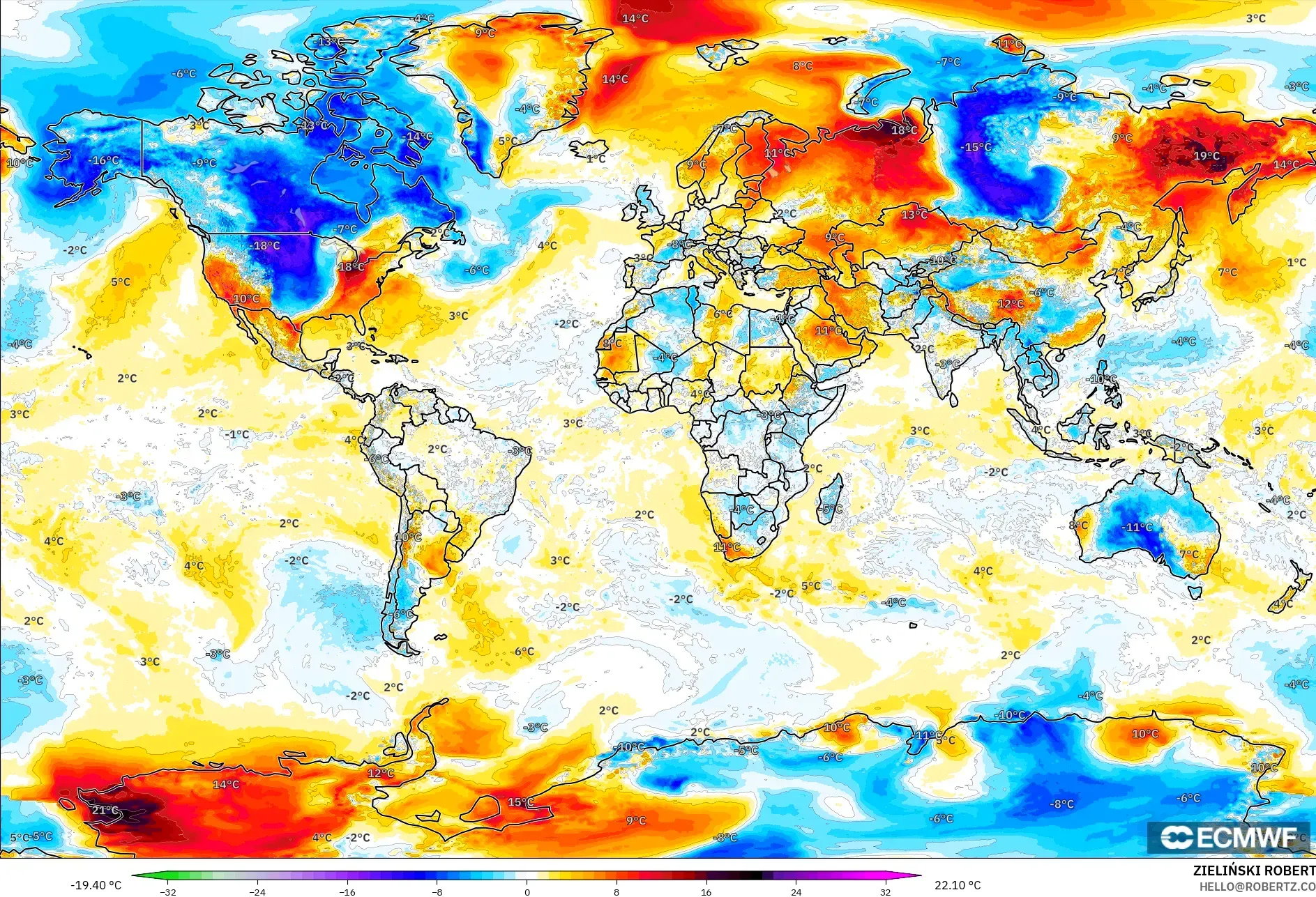 ECMWF IFS 0,25° modelo - Mundo, Anomalia de temperatura a 2 m