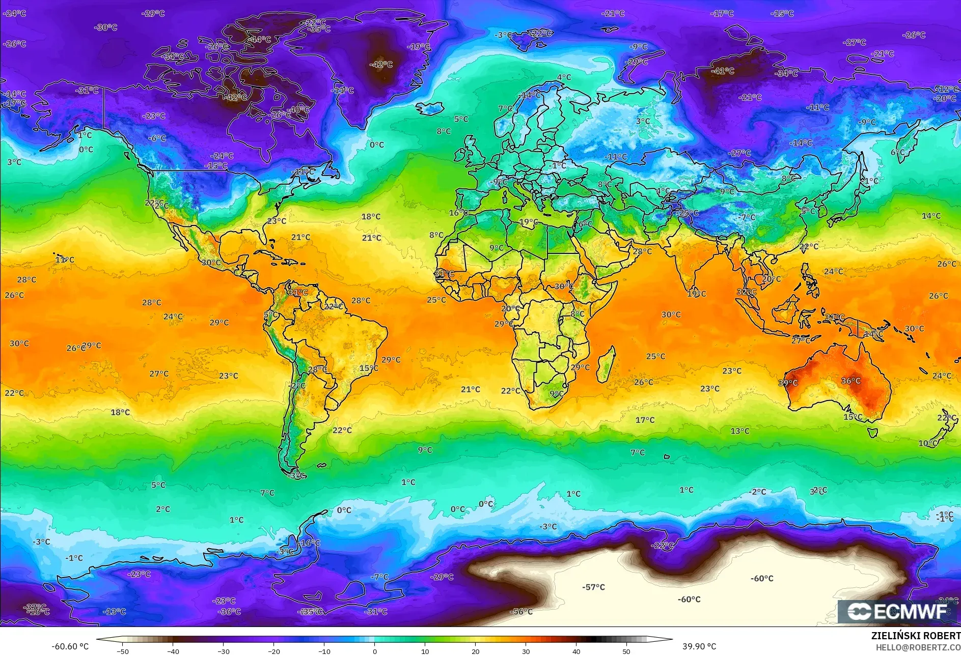ECMWF IFS 0,25° modelo - Mundo, Temperatura a 2 m