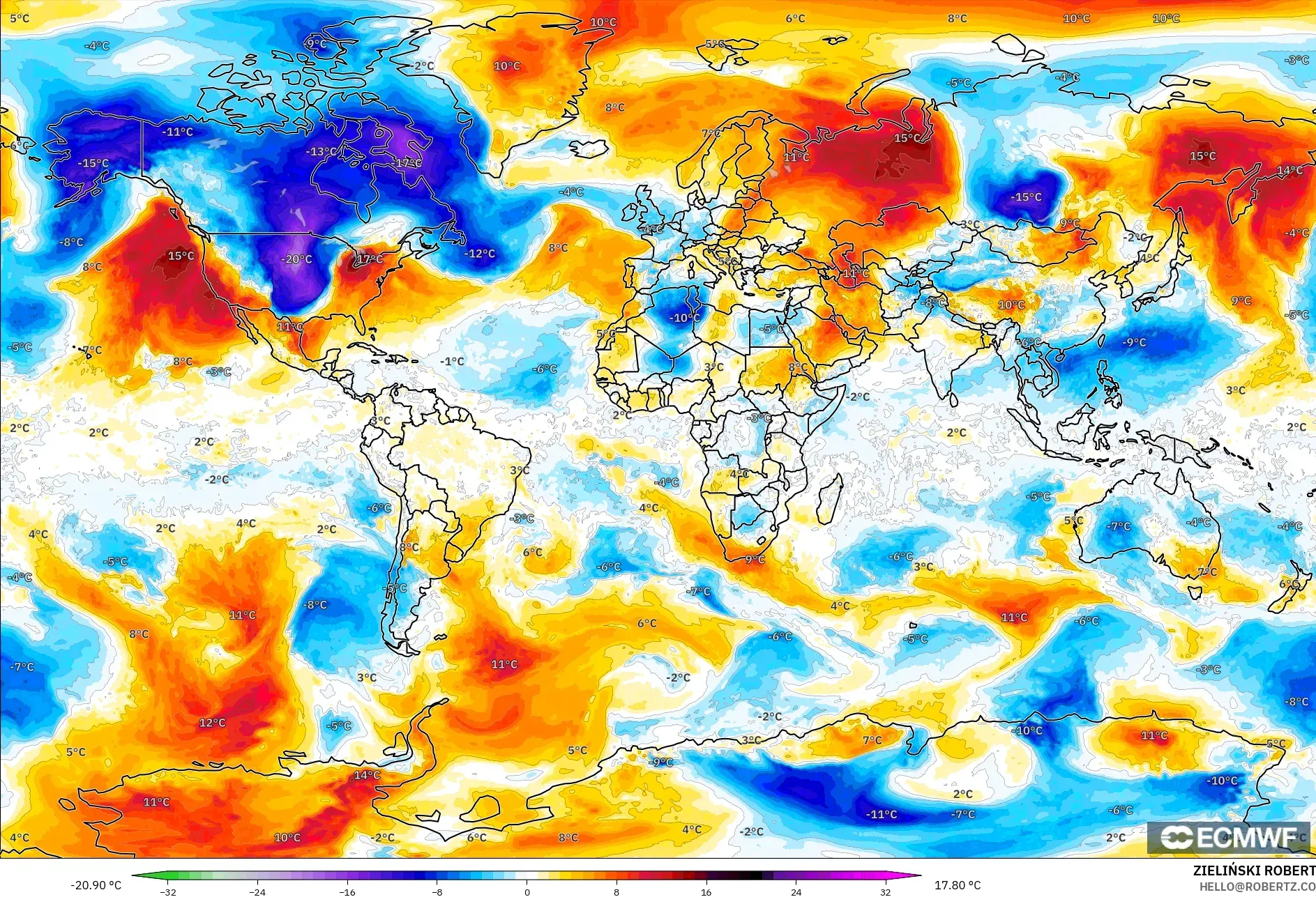 ECMWF IFS 0,25° modelo - Mundo, Anomalia de temperatura a 850 hPa