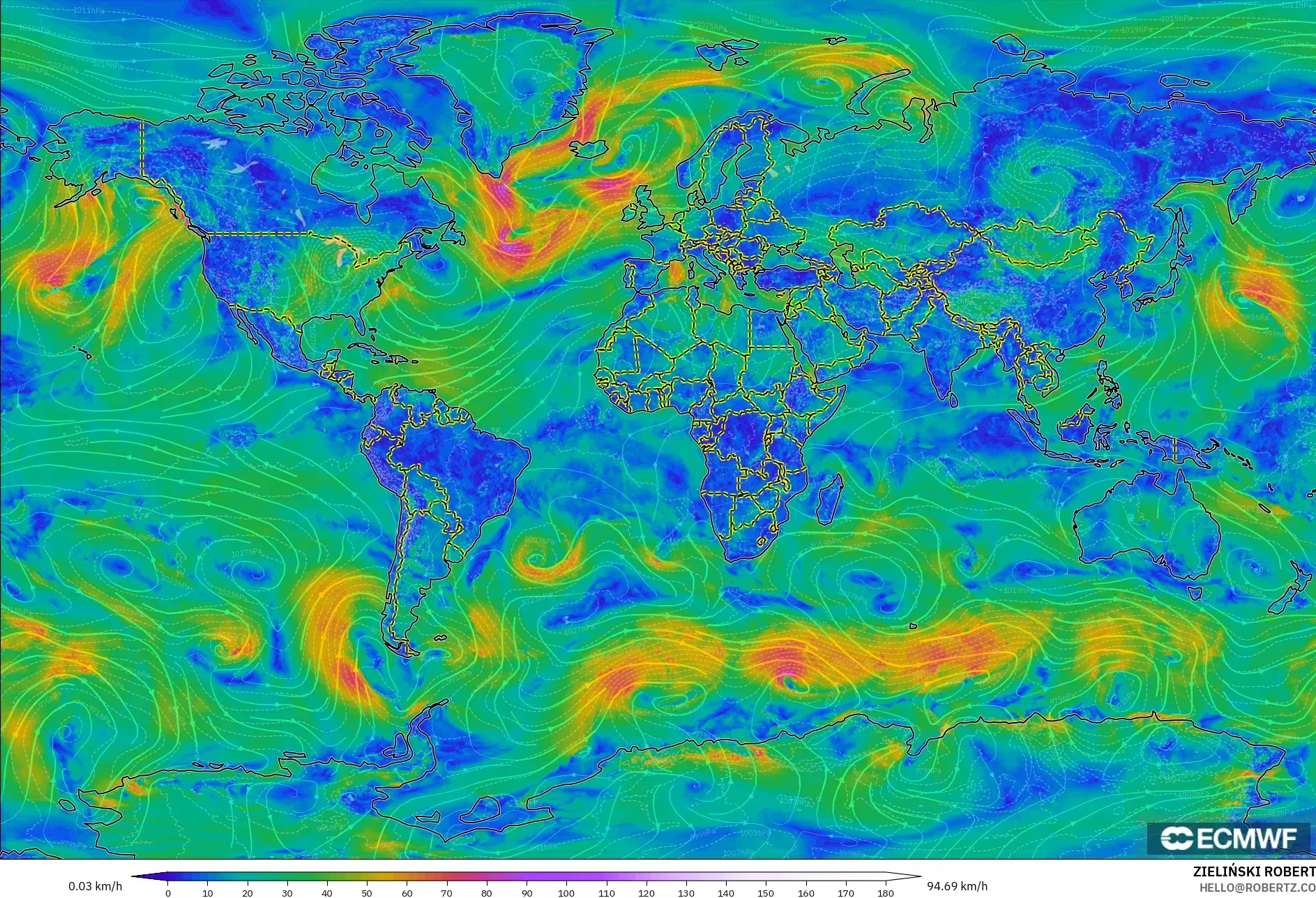 ECMWF IFS 0,25° modelo - Mundo, Vento a 10 m