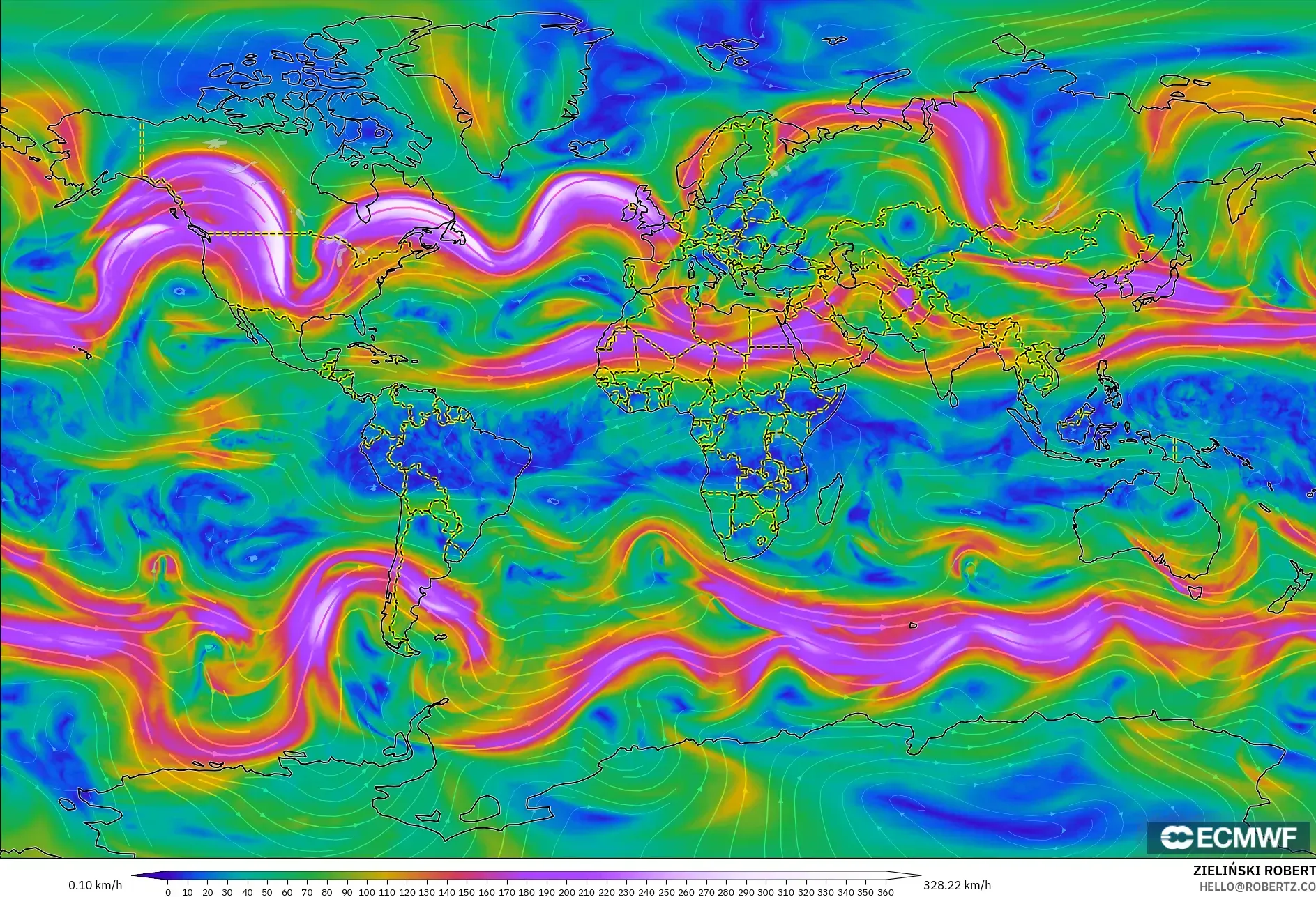 ECMWF IFS 0,25° modelo - Mundo, Vento a 300 hPa (corrente em jato)