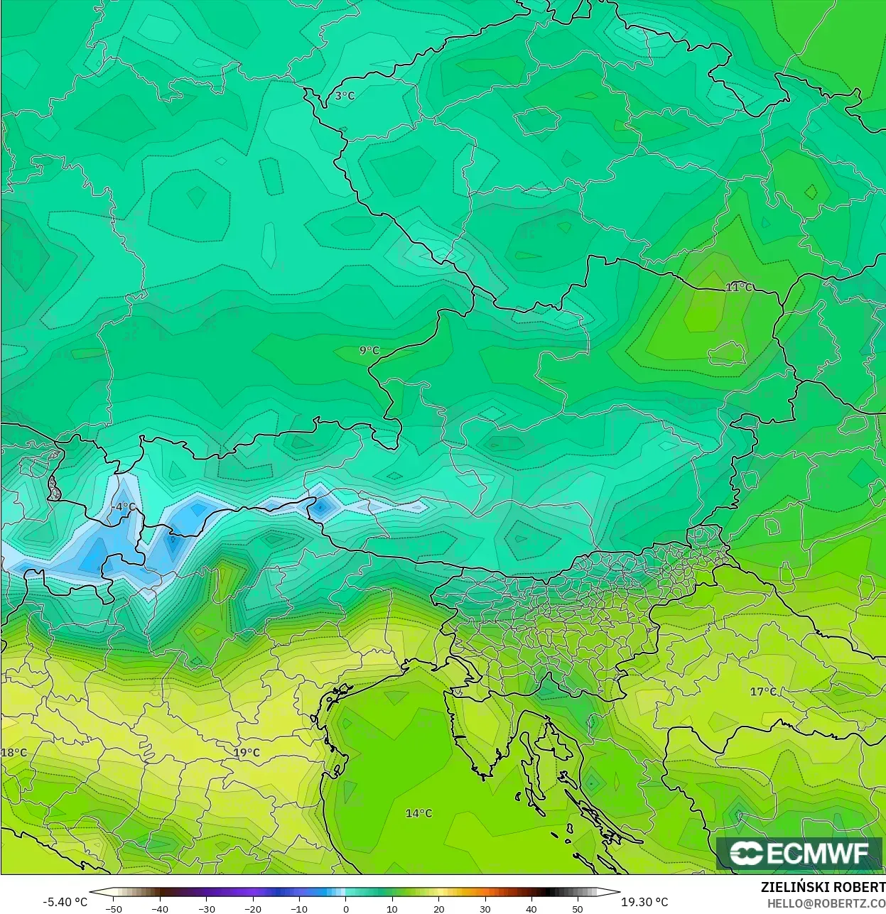 ECMWF IFS 0,25° modelo - Áustria, Temperatura a 2 m