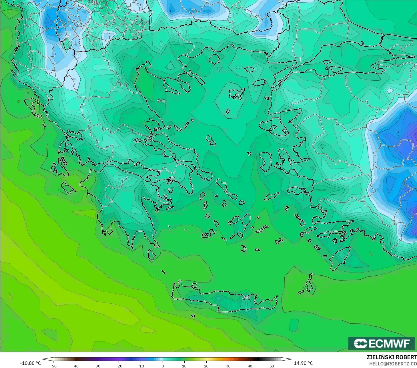 ECMWF IFS 0,25° modelo - Grécia, Ponto de orvalho a 2 m