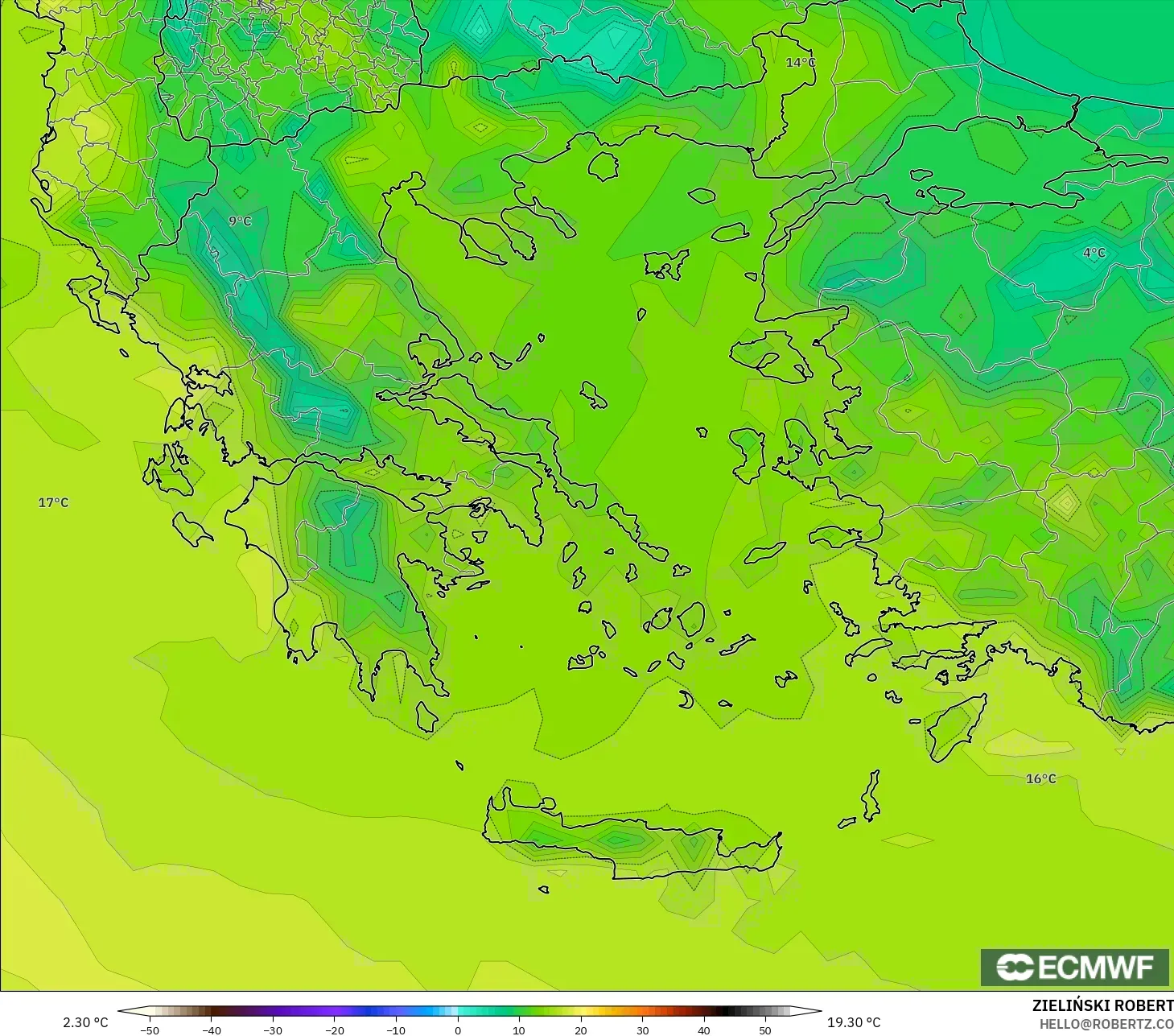 ECMWF IFS 0,25° modelo - Grécia, Temperatura a 2 m