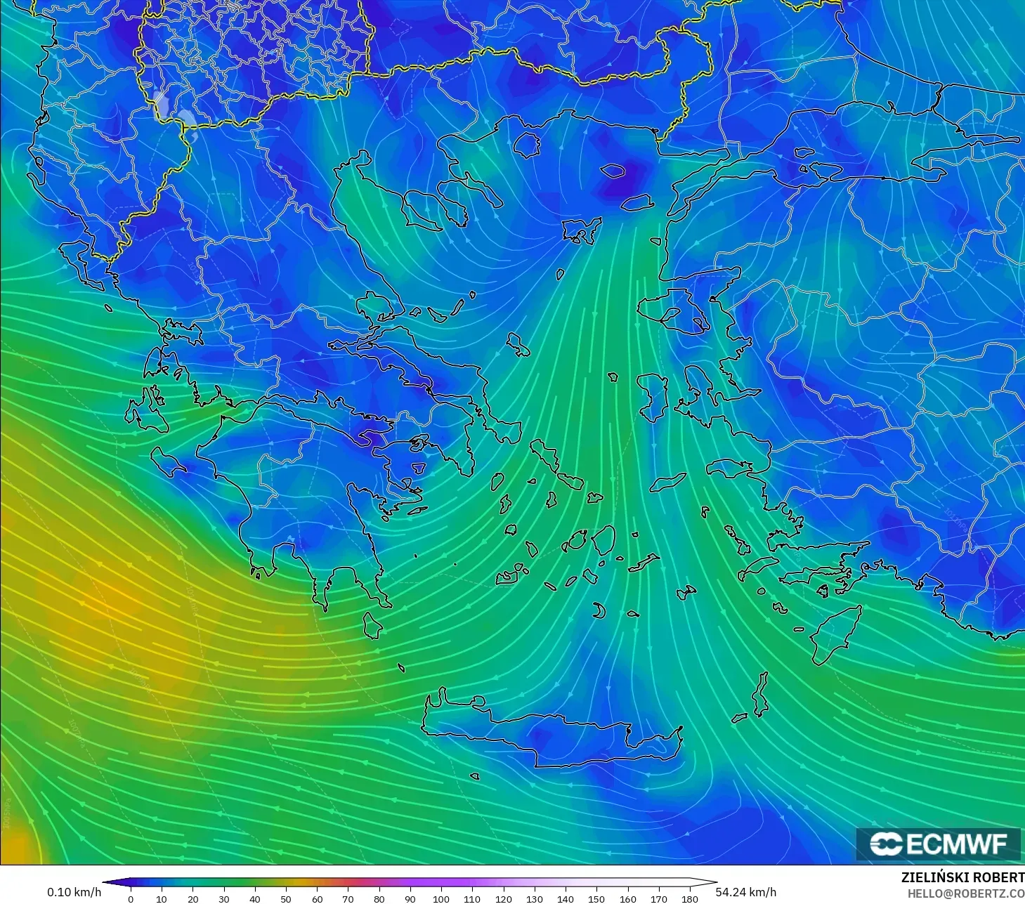 ECMWF IFS 0,25° modelo - Grécia, Vento a 10 m