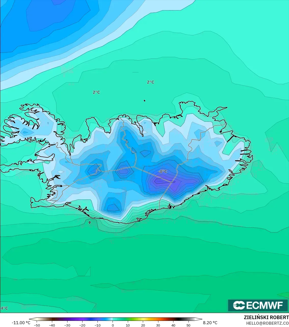 ECMWF IFS 0,25° modelo - Islândia, Temperatura a 2 m