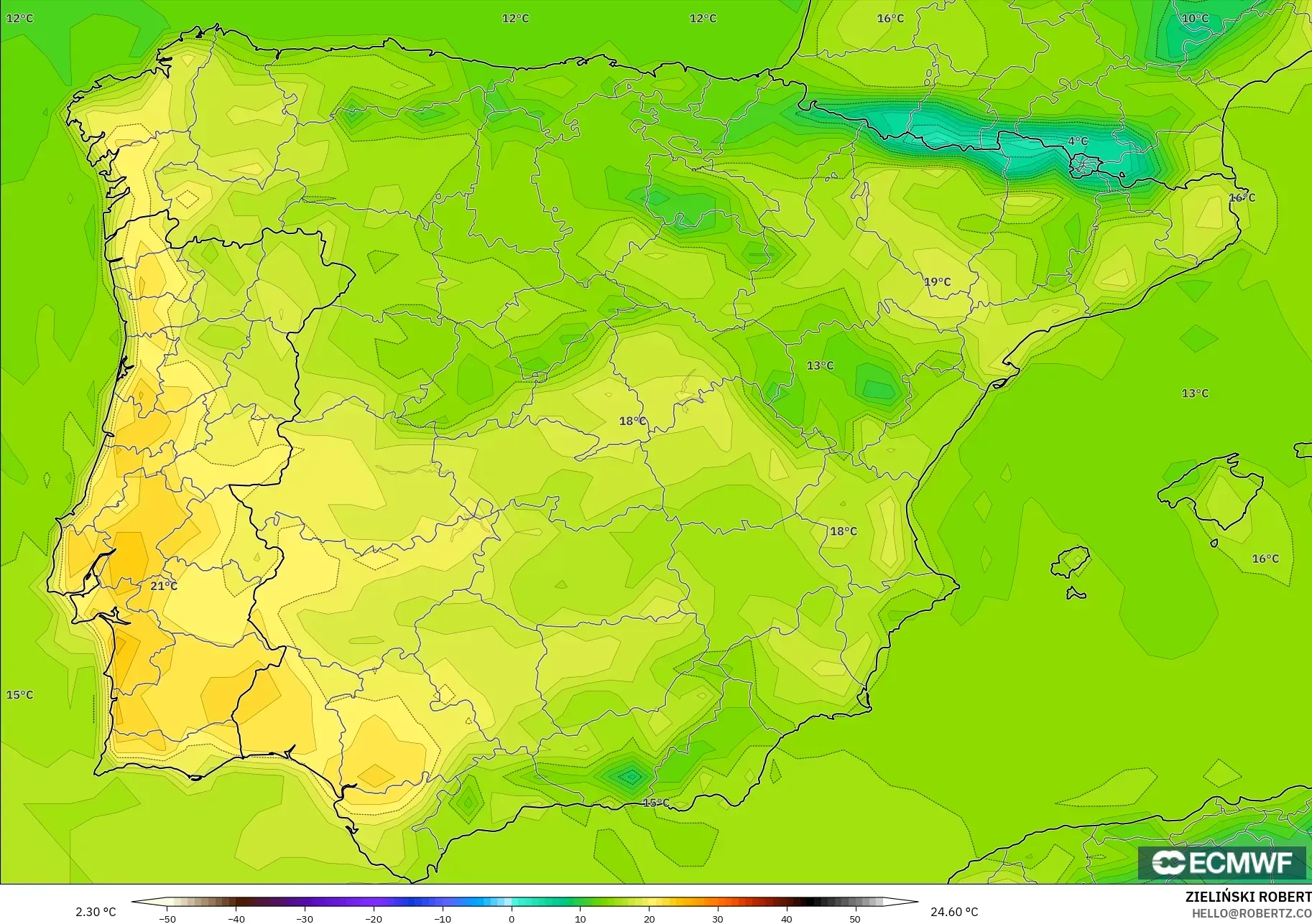 ECMWF IFS 0,25° modelo - Espanha, Temperatura a 2 m