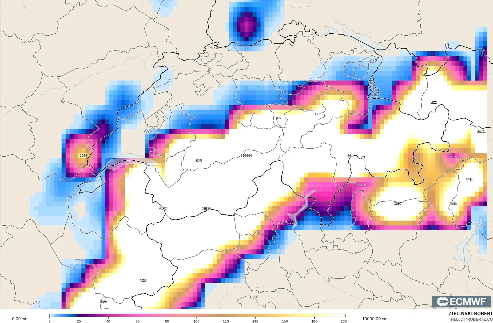 ECMWF IFS 0,25° modelo - Suíça, Profundidade da neve
