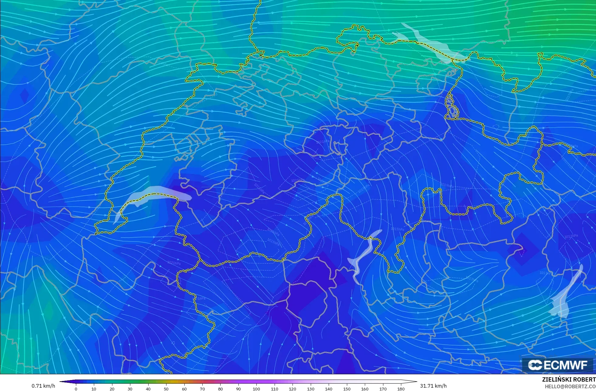 ECMWF IFS 0,25° modelo - Suíça, Vento a 10 m