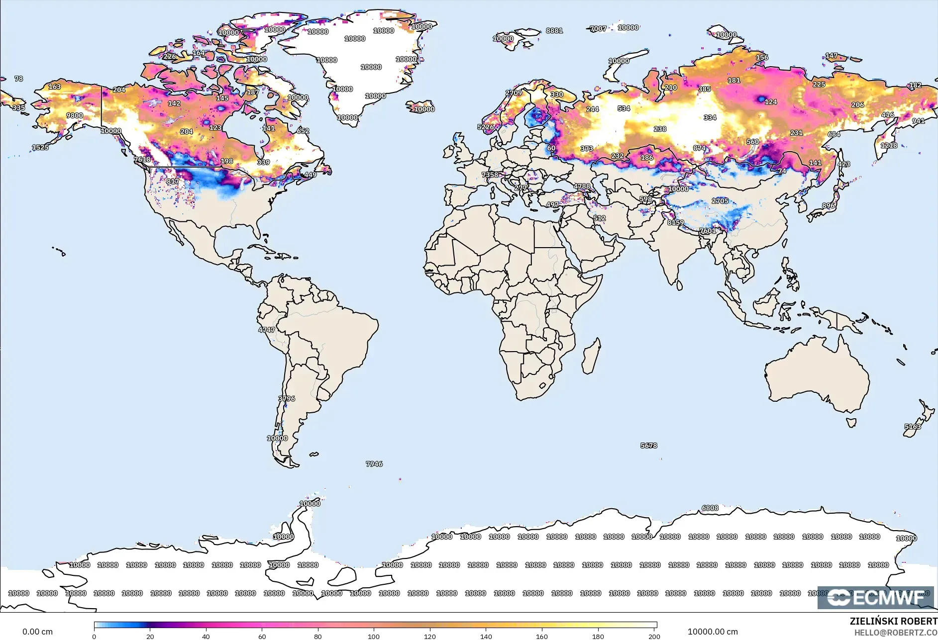 ECMWF IFS 0,25° modelo - Mundo, Profundidade da neve