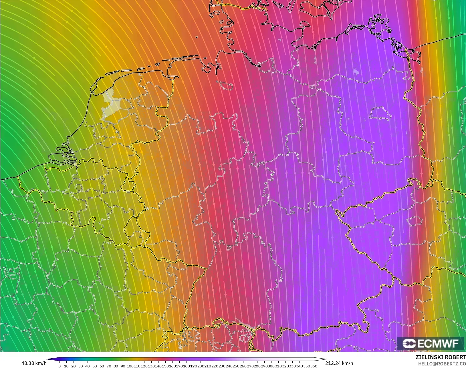 ECMWF IFS 0,25° modelo - Alemanha, Vento a 300 hPa (corrente em jato)