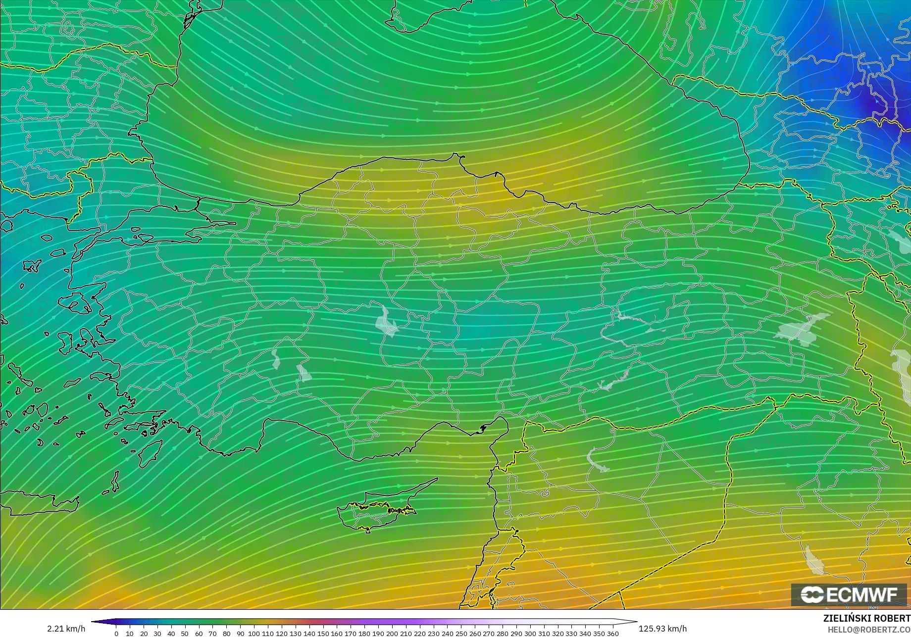 ECMWF IFS 0,25° modelo - Turquia, Vento a 300 hPa (corrente em jato)