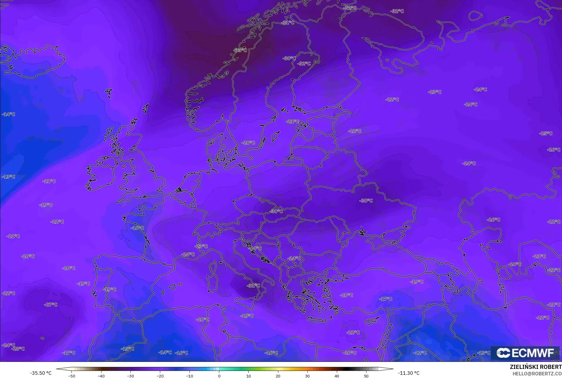 ECMWF IFS 0,25° modelo - Europa, Temperatura a 500 hPa