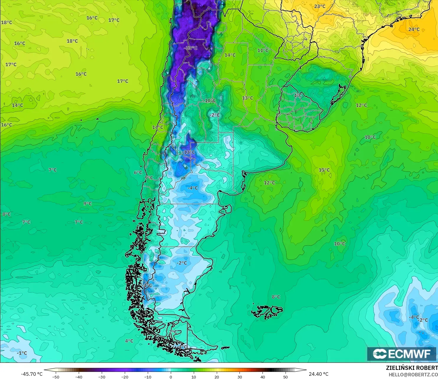 ECMWF IFS 0,25° modelo - Argentina, Ponto de orvalho a 2 m