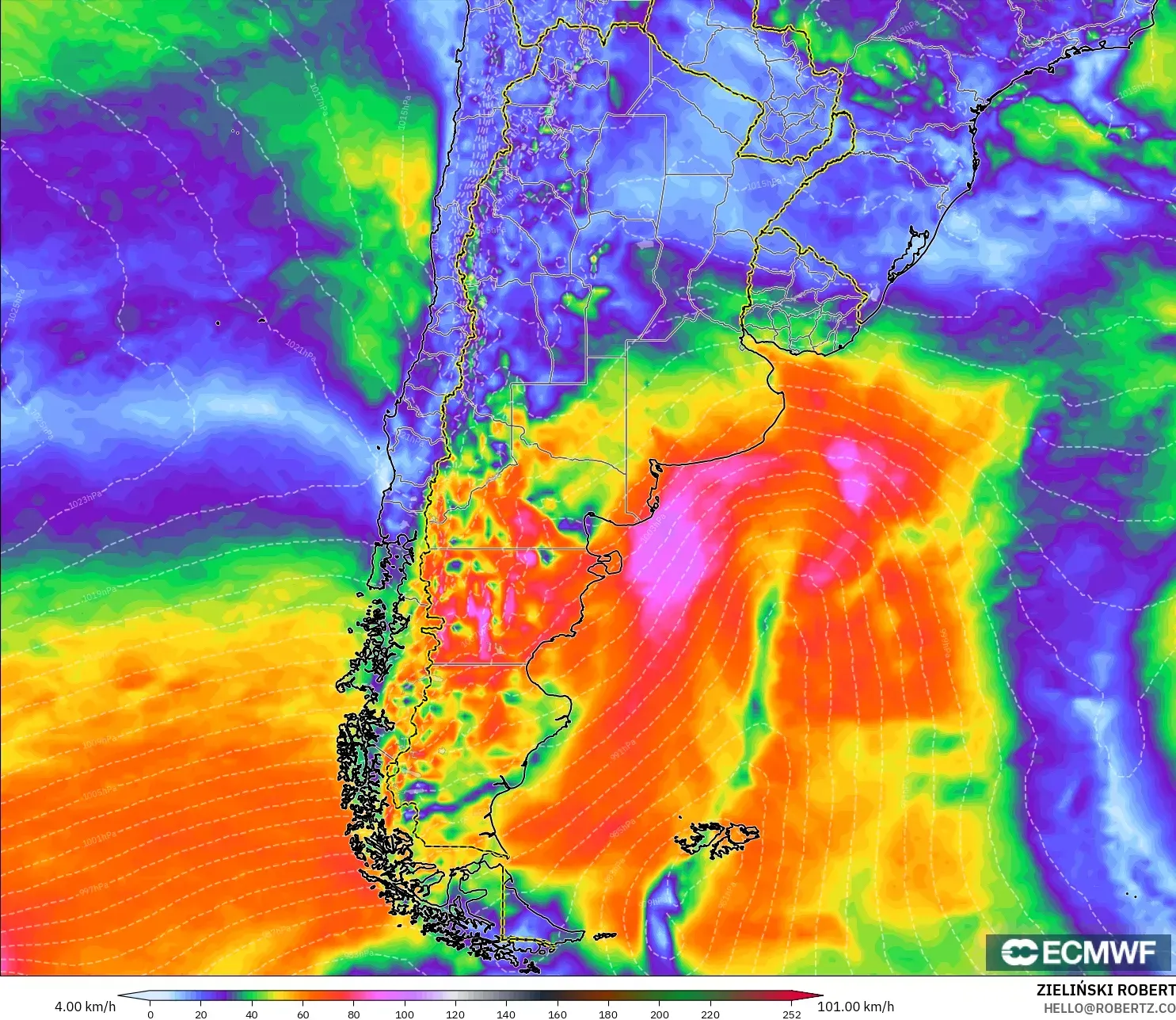 ECMWF IFS 0,25° modelo - Argentina, Rajadas de Vento Máximas