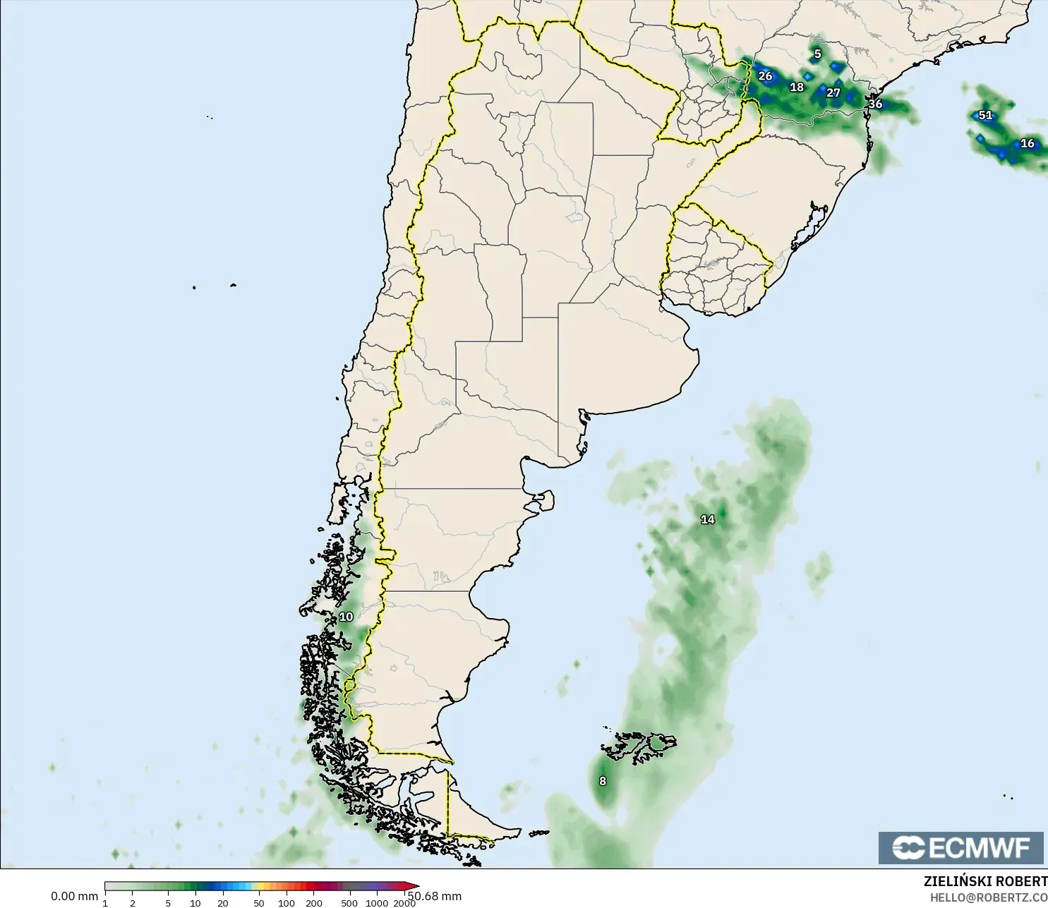 ECMWF IFS 0,25° modelo - Argentina, Acúmulo de precipitação