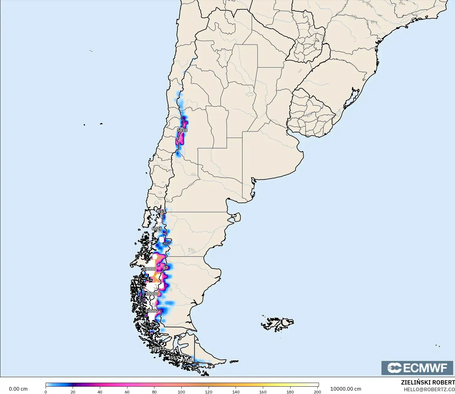 ECMWF IFS 0,25° modelo - Argentina, Profundidade da neve