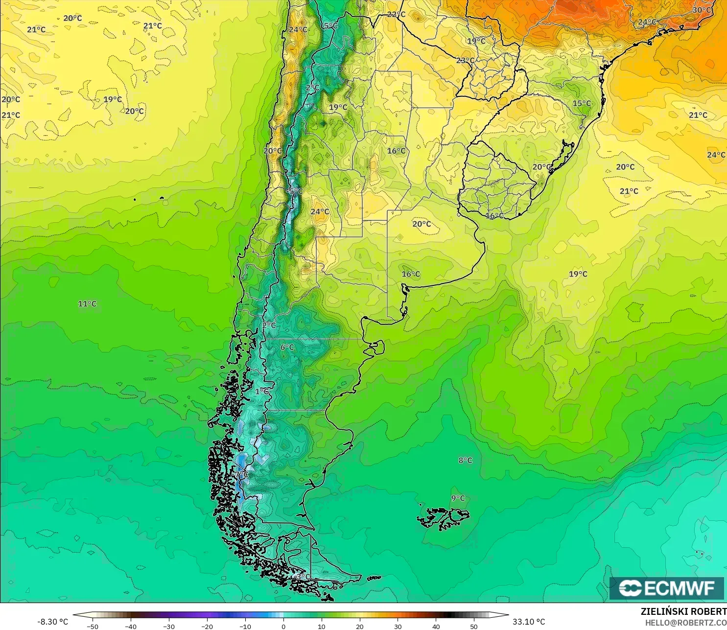 ECMWF IFS 0,25° modelo - Argentina, Temperatura a 2 m