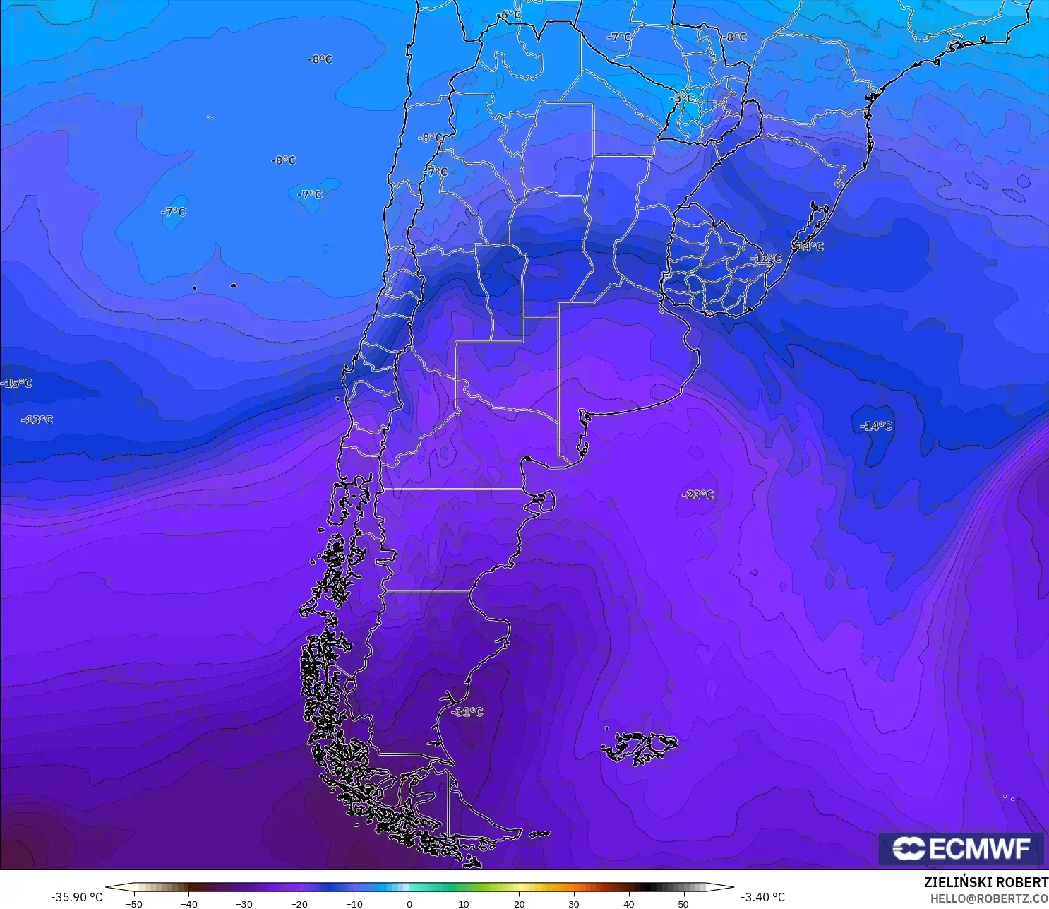 ECMWF IFS 0,25° modelo - Argentina, Temperatura a 500 hPa
