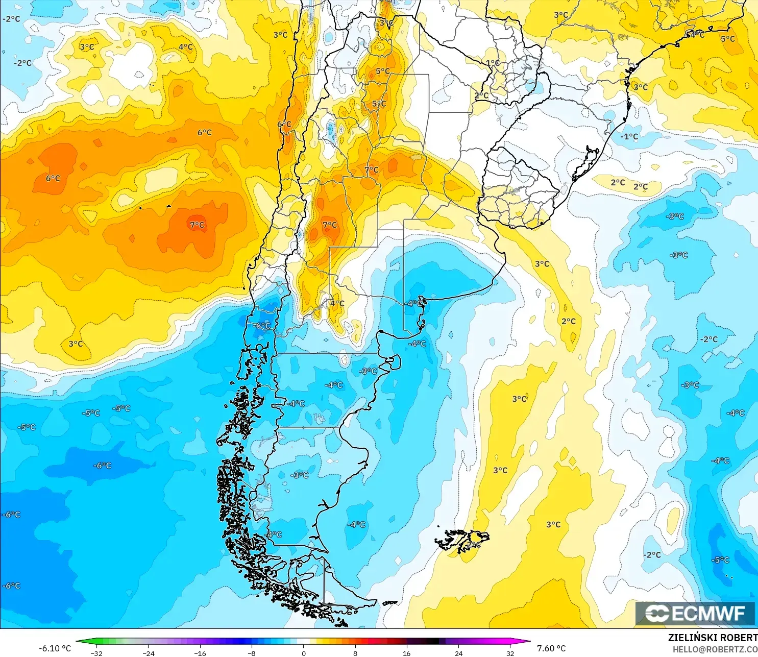 ECMWF IFS 0,25° modelo - Argentina, Anomalia de temperatura a 850 hPa