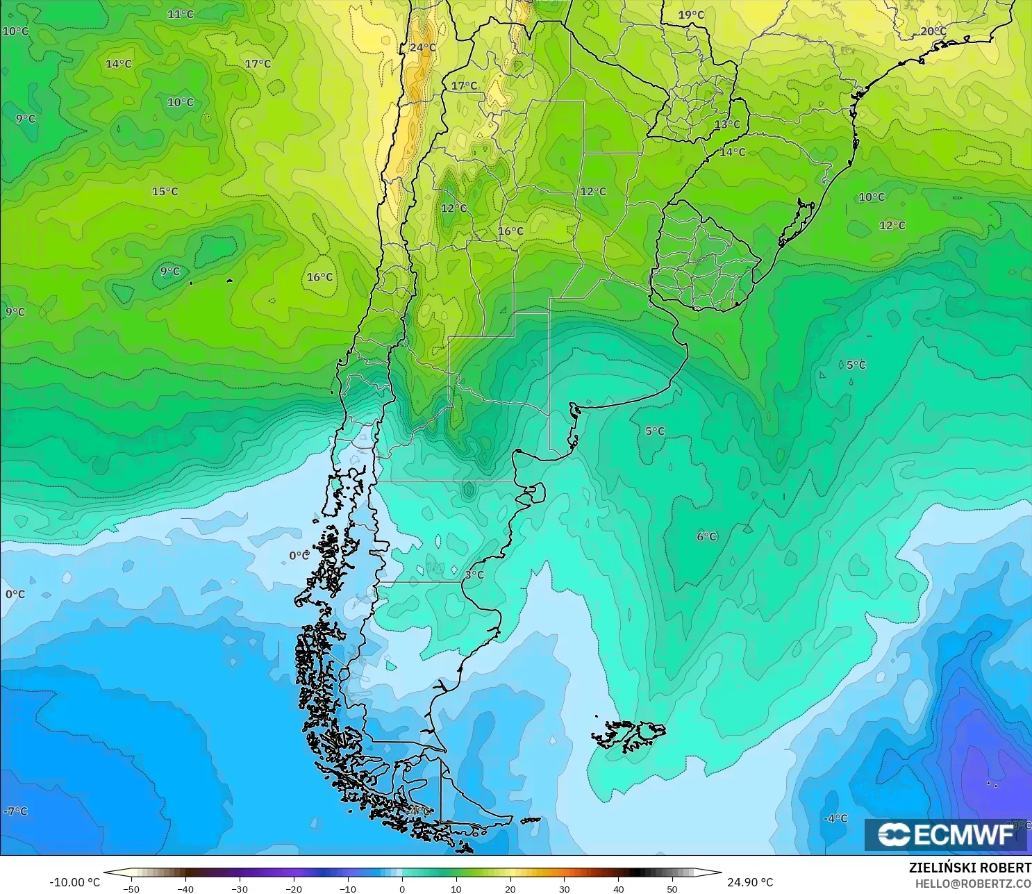 ECMWF IFS 0,25° modelo - Argentina, Temperatura a 850 hPa