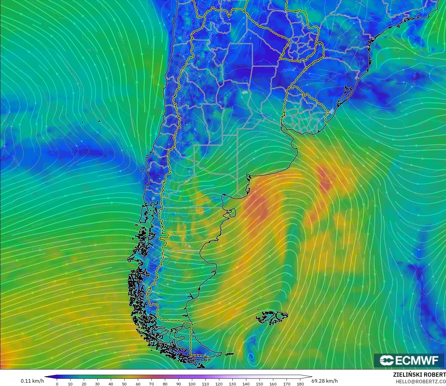 ECMWF IFS 0,25° modelo - Argentina, Vento a 10 m